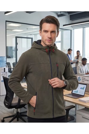 Luxic Core Erkek Kapüşonlu Polar Ceket Füme 3XL 3 Cepli Fermuarlı