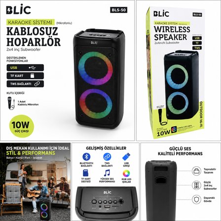 Blic BLS-50 RGB Bluetooth Hoparlör Mikrofonlu Karaoke Taşınabilir Kablosuz Ses Sistemi