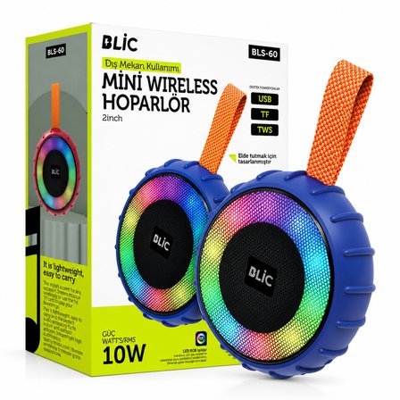 Blic BLS-60 10W RGB Bluetooth Hoparlör Taşınabilir Kablosuz Siyah Speaker  USB TF TWS