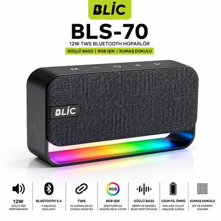 Blic BLS-70 12W Bluetooth Hoparlör RGB Işıklı Güçlü Bass TWS Stereo Kumaş Dokulu Kablosuz Speaker