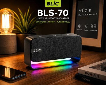 Blic BLS-70 12W Bluetooth Hoparlör RGB Işıklı Güçlü Bass TWS Stereo Kumaş Dokulu Kablosuz Speaker