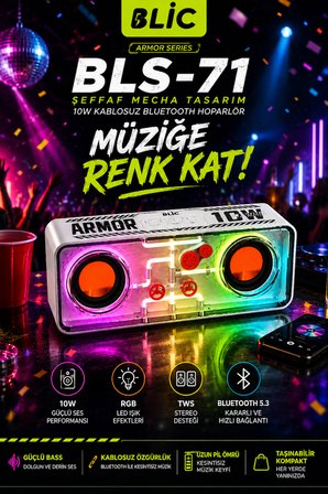 Blic BLS-71 Armor Series Şeffaf Mecha RGB Işıklı 10W Bluetooth Hoparlör Beyaz TWS Destekli Kablosuz Soundbar