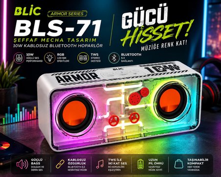 Blic BLS-71 Armor Series Şeffaf Mecha RGB Işıklı 10W Bluetooth Hoparlör Beyaz TWS Destekli Kablosuz Soundbar