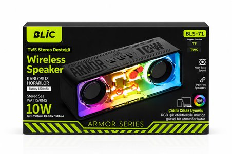 Blic BLS-71 Armor Series Şeffaf Mecha RGB Işıklı 10W Bluetooth Hoparlör Siyah TWS Destekli Kablosuz Soundbar