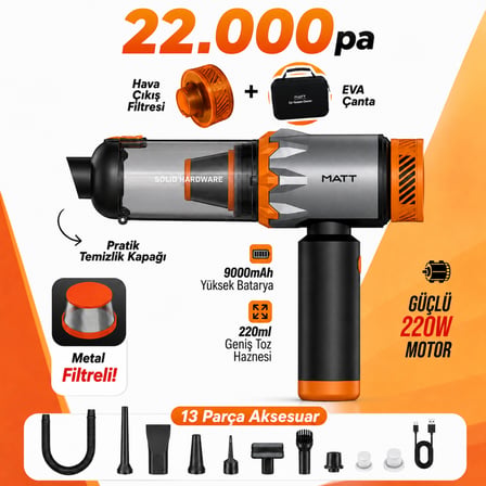 MATT MCV22 9.000 mAh Güçlü Bataryalı Araç Süpürgesi 22.000Pa Kablosuz Şarjlı El Tipi 220W Vakum & Üfleme Turuncu