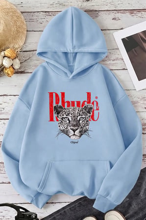 Unisex Rhude Baskılı Oversize Hoodie Kapüşonlu Sweatshirt
