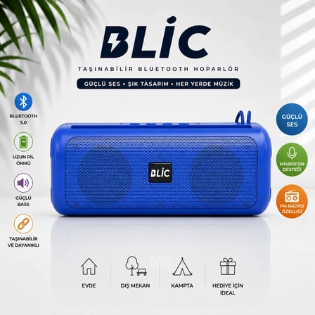 Blic BLS-72 12W Bluetooth 5.4 Taşınabilir Hoparlör TWS Stereo USB TF Kart Type-C Mavi