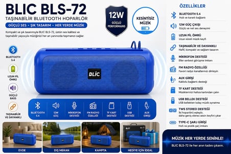 Blic BLS-72 12W Bluetooth 5.4 Taşınabilir Hoparlör TWS Stereo USB TF Kart Type-C Mavi