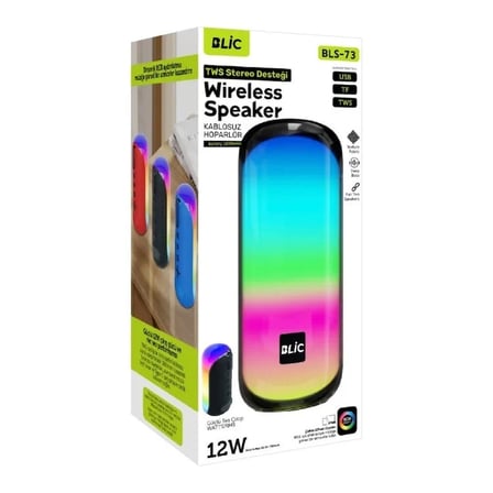 Blic BLS-73 12W RGB Işıklı Bluetooth Hoparlör TWS Stereo USB TF AUX Destekli Kumaş Dokulu Kablosuz Speaker Mavi