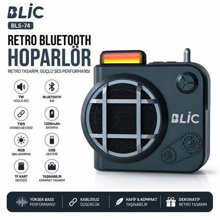 Blic BLS-74 7W Retro Bluetooth Hoparlör, RGB Işık, TWS Stereo, USB & TF Kart, 1200mAh Siyah