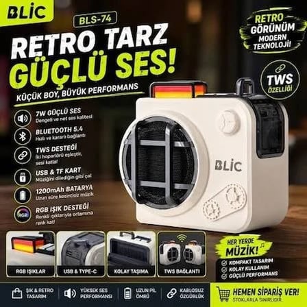 Blic BLS-74 7W Retro Bluetooth Hoparlör, RGB Işık, TWS Stereo, USB & TF Kart, 1200mAh Siyah