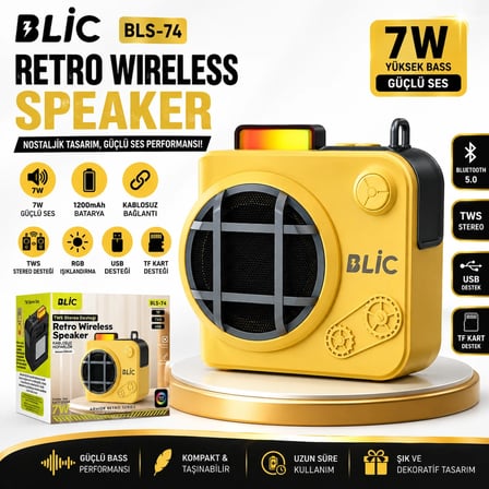 Blic BLS-74 7W Retro Bluetooth Hoparlör, RGB Işık, TWS Stereo, USB & TF Kart, 1200mAh Sarı