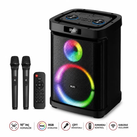 Blic BLS-79 20W 10 İnç Bluetooth Hoparlör, RGB Işıklı, Güçlü Bass Çift Kablosuz Mikrofonlu, Kumandalı