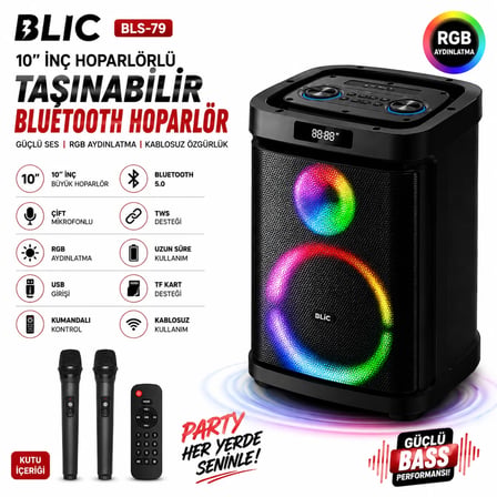 Blic BLS-79 20W 10 İnç Bluetooth Hoparlör, RGB Işıklı, Güçlü Bass Çift Kablosuz Mikrofonlu, Kumandalı