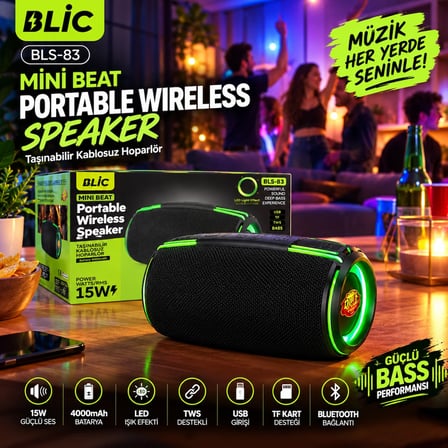 Blic BLS-83 15W Bluetooth Hoparlör, RGB LED Işıklı, TWS, USB & TF Kart, 4000mAh, Güçlü Bass
