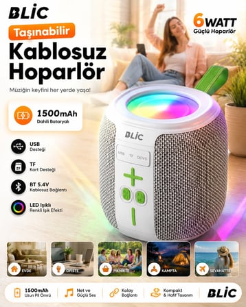 Blic BLS-88 6W Bluetooth Hoparlör, LED Işıklı, Taşınabilir, USB & TF Kart Destekli, 1500mAh Gri