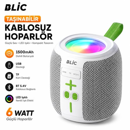 Blic BLS-88 6W Bluetooth Hoparlör, LED Işıklı, Taşınabilir, USB & TF Kart Destekli, 1500mAh Gri