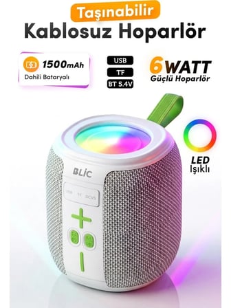 Blic BLS-88 6W Bluetooth Hoparlör, LED Işıklı, Taşınabilir, USB & TF Kart Destekli, 1500mAh Gri