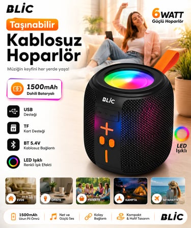Blic BLS-88 6W Bluetooth Hoparlör, LED Işıklı, Taşınabilir, USB & TF Kart Destekli, 1500mAh Siyah