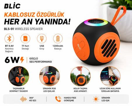 Blic BLS-91 6W Bluetooth Hoparlör, RGB LED Işıklı, 1200mAh, USB & TF Kart Destekli, Taşınabilir Siyah
