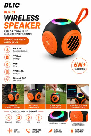 Blic BLS-91 6W Bluetooth Hoparlör, RGB LED Işıklı, 1200mAh, USB & TF Kart Destekli, Taşınabilir Siyah