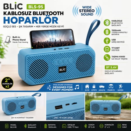 Blic BLS-95 Bluetooth Kablosuz Hoparlör – 1500mAh – USB/TF – Telefon Standlı