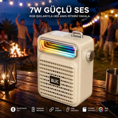 Blic BLS-75 7W Bluetooth Hoparlör RGB Işıklı TWS Stereo USB TF Kart Destekli Kablosuz Speaker Beyaz