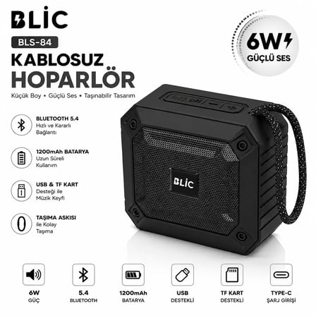 Blic BLS-84 6W Bluetooth 5.4 Kablosuz Hoparlör 1200mAh Taşınabilir Speaker USB TF Kart Destekli Siyah