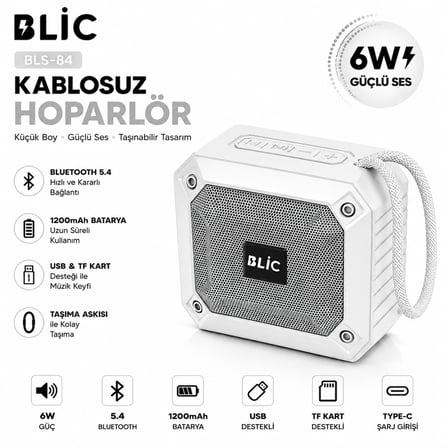 Blic BLS-84 6W Bluetooth 5.4 Kablosuz Hoparlör 1200mAh Taşınabilir Speaker USB TF Kart Destekli Beyaz