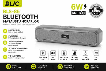 Blic BLS-85 Bluetooth 5.4 Kablosuz Masaüstü Hoparlör 6W RMS 1500mAh TF USB T-C Destekli Gri
