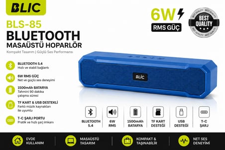 Blic BLS-85 Bluetooth 5.4 Kablosuz Masaüstü Hoparlör 6W RMS 1500mAh TF USB T-C Destekli Mavi