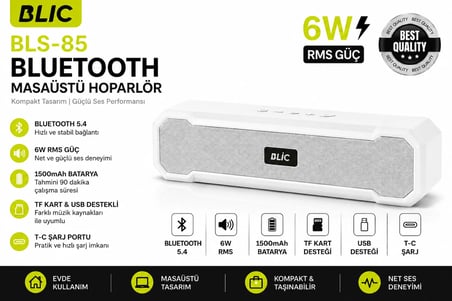 Blic BLS-85 Bluetooth 5.4 Kablosuz Masaüstü Hoparlör 6W RMS 1500mAh TF USB T-C Destekli Beyaz
