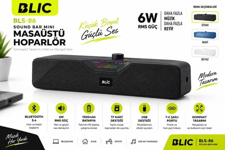 Blic BLS-86 Bluetooth 5.4 Mini Soundbar 6W RMS 1500mAh Kablosuz Masaüstü Hoparlör TF Kart USB Destekli Siyah