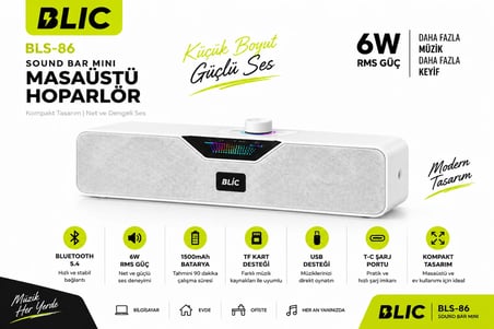 Blic BLS-86 Bluetooth 5.4 Mini Soundbar 6W RMS 1500mAh Kablosuz Masaüstü Hoparlör TF Kart USB Destekli Beyaz