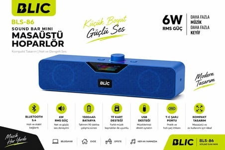 Blic BLS-86 Bluetooth 5.4 Mini Soundbar 6W RMS 1500mAh Kablosuz Masaüstü Hoparlör TF Kart USB Destekli Mavi
