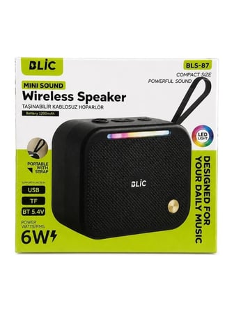 Blic BLS-87 Bluetooth 5.4 Taşınabilir Mini Hoparlör 6W Güçlü Ses LED Işıklı Askı Aparatlı Kablosuz Speaker Siyah