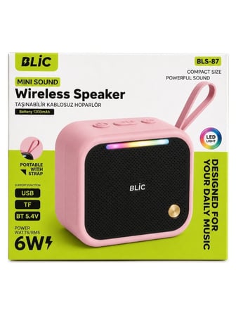 Blic BLS-87 Bluetooth 5.4 Taşınabilir Mini Hoparlör 6W Güçlü Ses LED Işıklı Askı Aparatlı Kablosuz Speaker Pembe