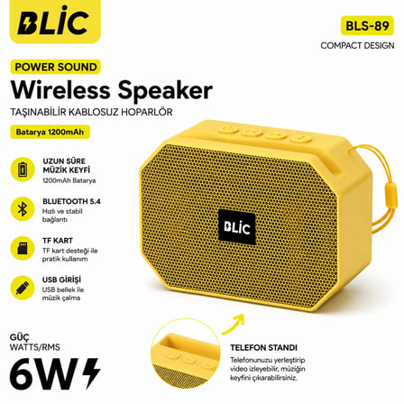 Blic BLS-89 Bluetooth 5.4 Taşınabilir Kablosuz Hoparlör 6W RMS Telefon Standlı 1200mAh USB TF Kart Askılı Sarı