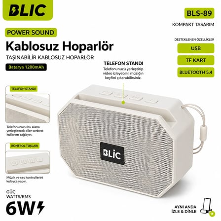 Blic BLS-89 Bluetooth 5.4 Taşınabilir Kablosuz Hoparlör 6W RMS Telefon Standlı 1200mAh USB TF Kart Askılı Beyaz