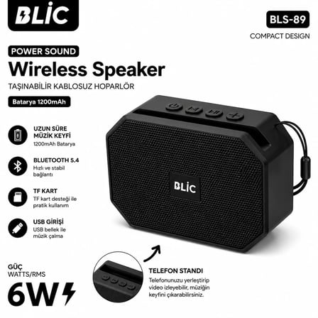 Blic BLS-89 Bluetooth 5.4 Taşınabilir Kablosuz Hoparlör 6W RMS Telefon Standlı 1200mAh USB TF Kart Askılı Siyah