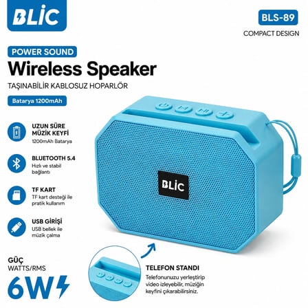 Blic BLS-89 Bluetooth 5.4 Taşınabilir Kablosuz Hoparlör 6W RMS Telefon Standlı 1200mAh USB TF Kart Askılı Mavi