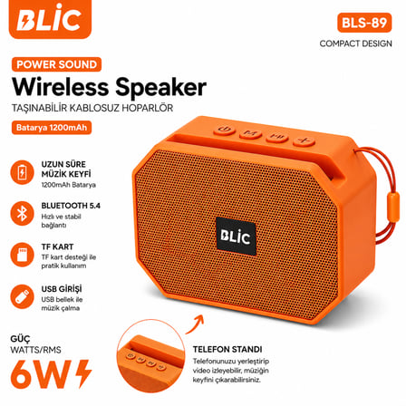 Blic BLS-89 Bluetooth 5.4 Taşınabilir Kablosuz Hoparlör 6W RMS Telefon Standlı 1200mAh USB TF Kart Askılı Turuncu