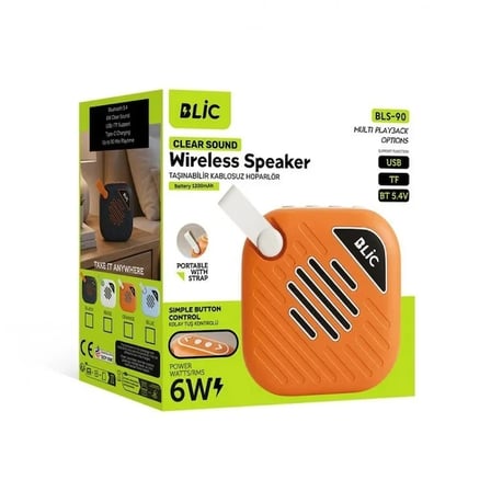 Blic BLS-90 6W Bluetooth 5.4 Kablosuz Hoparlör 1200mAh USB TF Kart Askılı Mini Speaker Turuncu