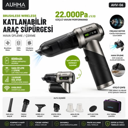 AUHMA AHV-06 22.000Pa 6000mAh Kablosuz Araç Süpürgesi Brushless Motor Katlanabilir Üfleme Çekme 3 Kademeli Gri-Siyah