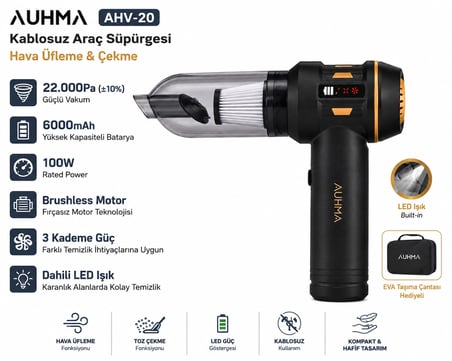 AUHMA AHV-20 22.000Pa 100W Kablosuz Araç Süpürgesi LED Işıklı 6000mAh Brushless Motor Hava Üfleme Çekme Siyah