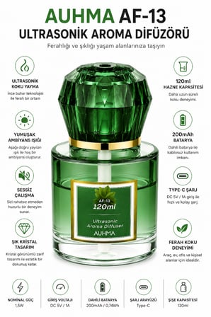 Auhma AF-13 120ml Şarjlı Ultrasonik Araç Koku Difüzörü Yeşil Ambiyans Işıklı Mingdao Esans Aroma Yayıcı