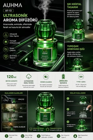 Auhma AF-13 120ml Şarjlı Ultrasonik Araç Koku Difüzörü Yeşil Ambiyans Işıklı Mingdao Esans Aroma Yayıcı