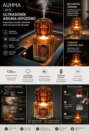 Auhma AF-13 120ml Şarjlı Ultrasonik Araç Koku Difüzörü Sarı Ambiyans Işıklı Ebony Esans Aroma Yayıcı