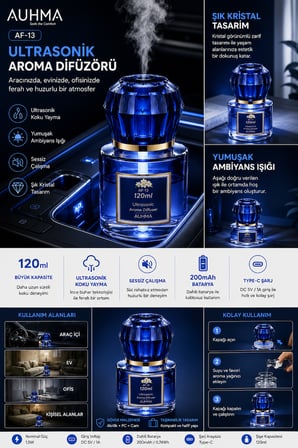 Auhma AF-13 120ml Şarjlı Ultrasonik Araç Koku Difüzörü Mavi Ambiyans Işıklı Blue Tea Esans Aroma Yayıcı