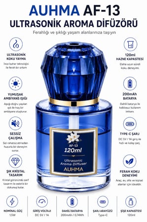Auhma AF-13 120ml Şarjlı Ultrasonik Araç Koku Difüzörü Mavi Ambiyans Işıklı Mingdao Esans Aroma Yayıcı